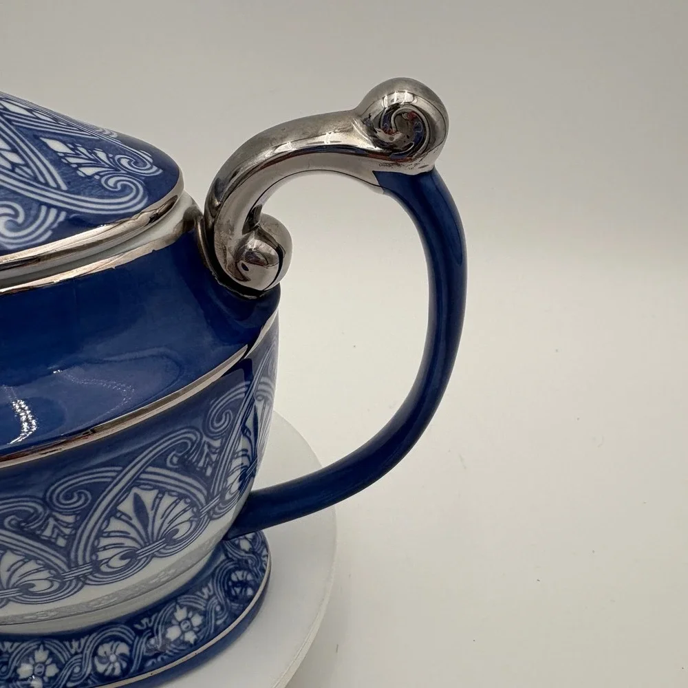 Bombay Blue White Silver Trim‎ Ceramic Teapot Decorative VTG